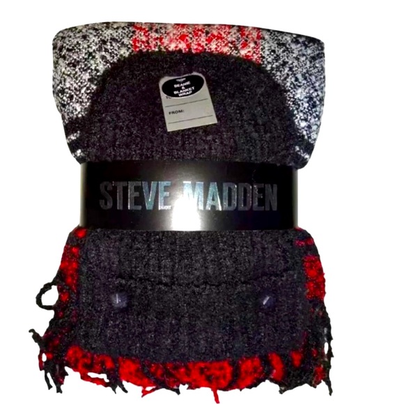 Steve Madden Ribbed Beanie + Brushed Plaid Scarf Set One Size Black + Red SOFT - Picture 3 of 9